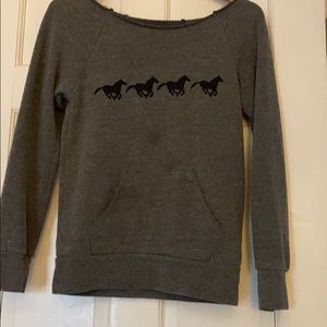 Off the shoulder gray and black sweatshirt